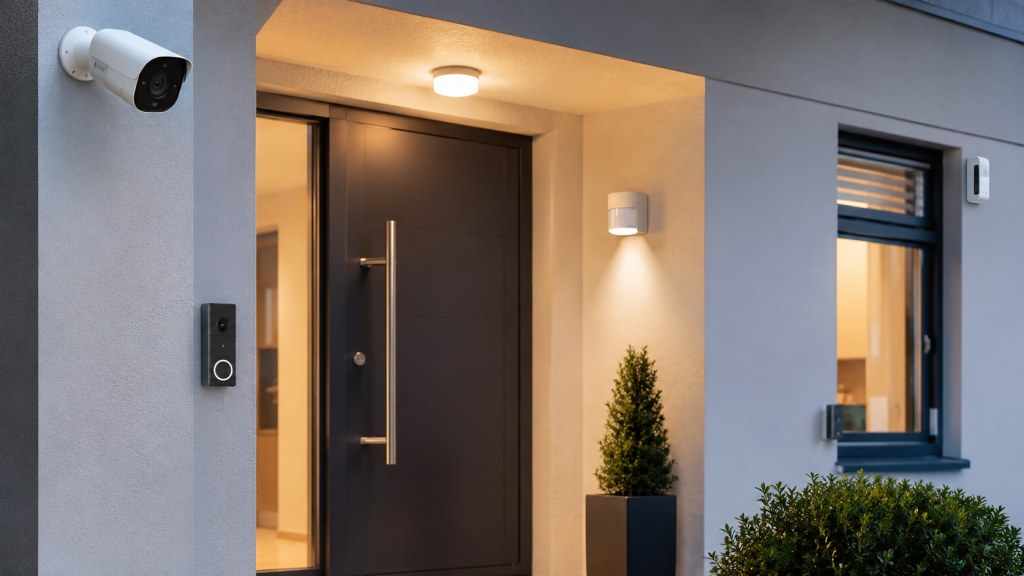 Sicherheitstechnik für Haus und Wohnung mit Überwachungskamera, Video-Türklingel und Bewegungsmelder